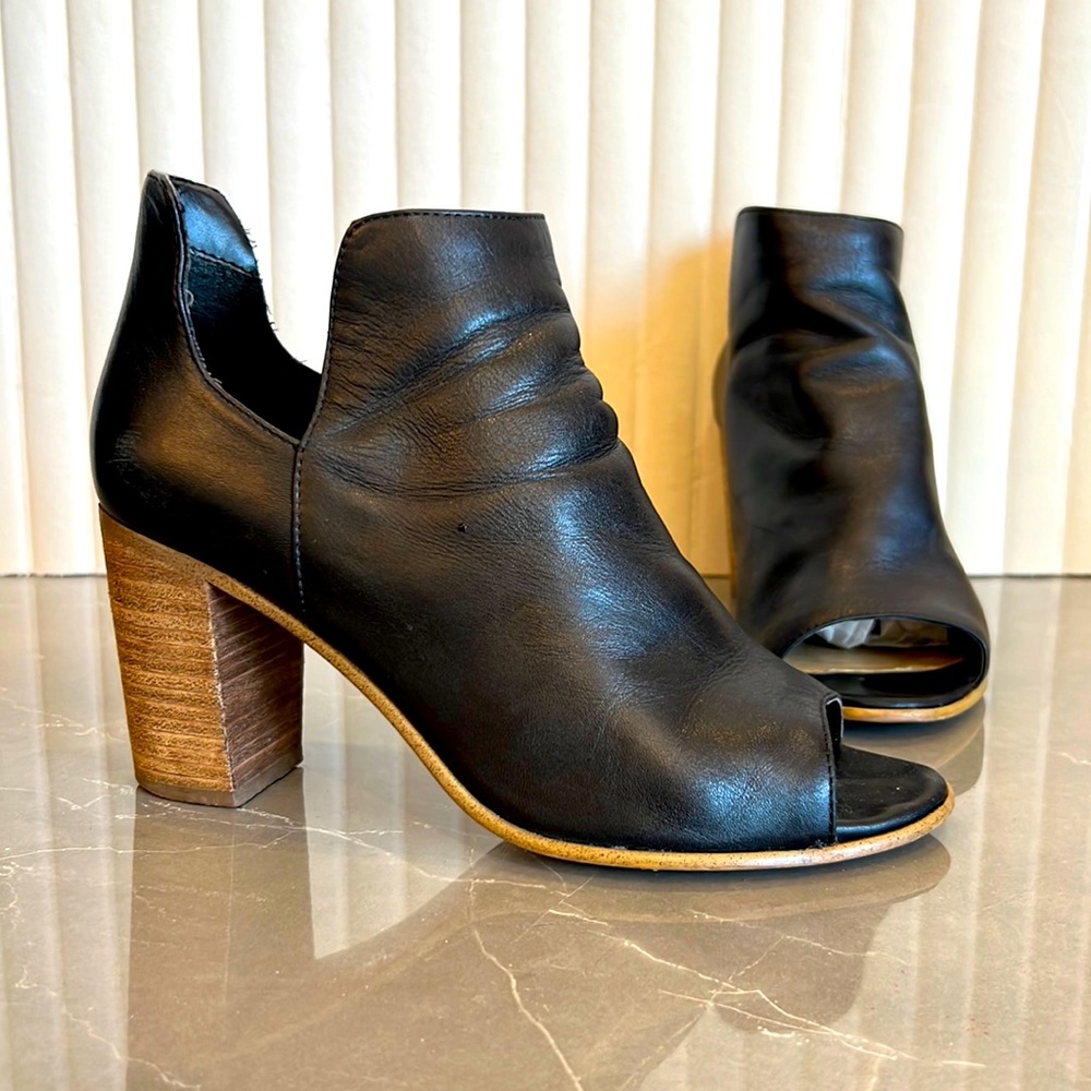 Black leather peep toe booties